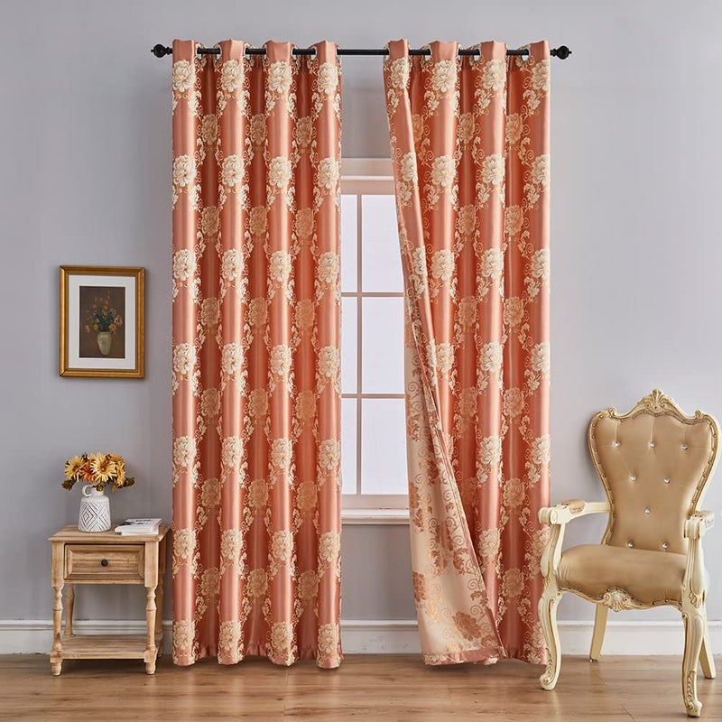 ELKCA Jacquard Coffee Curtains for Bedroom Window Floral Curtains for Living Room Window Panels,Grommet Top,52inch by 96inch,2 Panels - Image 1